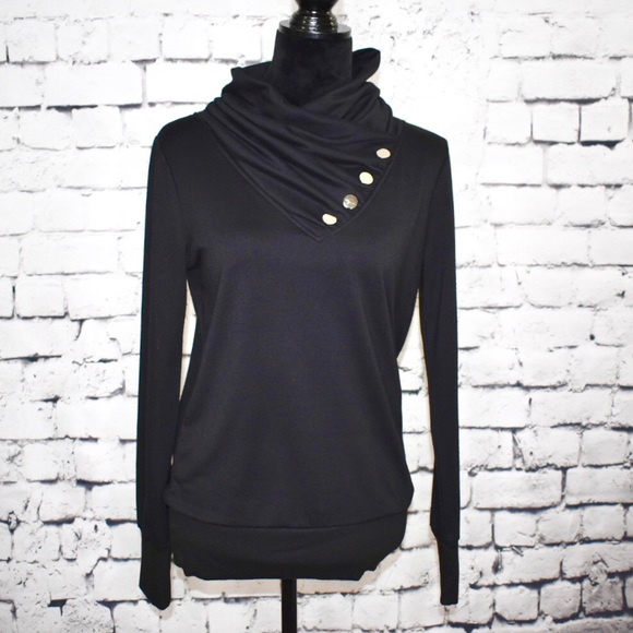 Tops - Black Cowl Neck Top with Button Embellishment